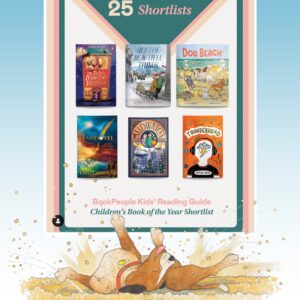 BookPeople shortlisted books for Children's Book of the Year 2025, with illustrated dog rolling on its back in front of the tile. Illustration by Annie White.